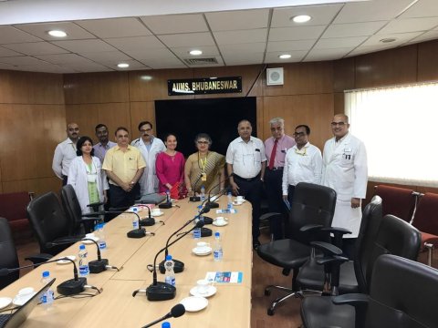 With&nbsp;Dr Gitanjali Batmanabane, Director of AIIMS-Bhubaneswar (centre), members of her senior faculty and Professor Pramod Samantharay (third from right), one of RSTMH's long-standing members