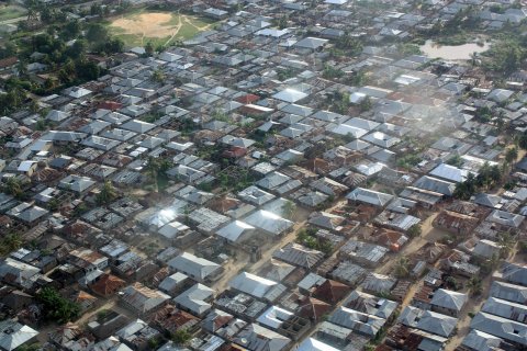 Aerial photo, Stonetown, Zanzibar, Tanzania. Dense urban fabric. Most houses in concrete blocks with metal roofs. © Jakob Knudsen 