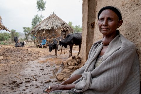 Wlubnesh Fentaye Adane, 50, who has trichiasis-stage trachoma in her left eye, at her sister's home in Faya, Amhara Region, Ethiopia. CBM/Hayduk