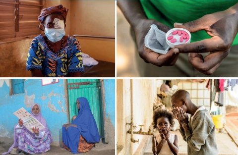 In clockwise order, starting from top left: Photo courtesy of Sightsavers / David Gnaha; Photo courtesy of Sightsavers / JJ Arts Photography; Photo courtesy of Sightsavers; Photo courtesy of Amref Health Africa