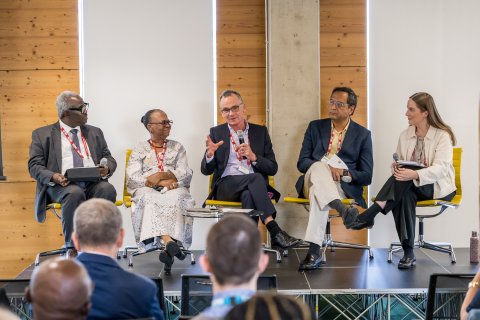 Panel on the Impact of AI on Universities and Research Groups. From left to right: Professor John Gyapong, Professor Olaoluwa Pheabian Akinwale, Professor Liam Smeeth, Dr Buddha Basnyat and Dr Sarah Rafferty.